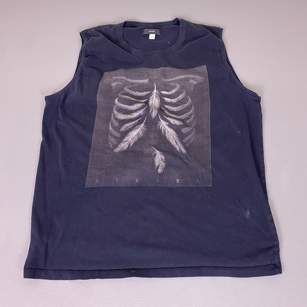 Diesel Muscle Tank Top Mens Size L Navy Blue Skeleton Rib Cage Feather *Flawed